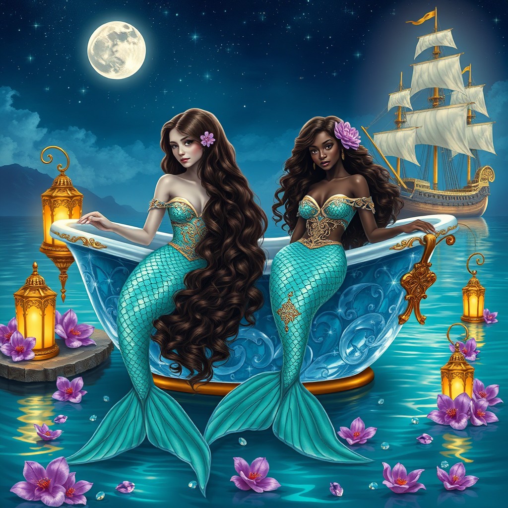 A captivating painting of two beautiful adult mermaids, both featuring very long and curly mahogany brown hair
