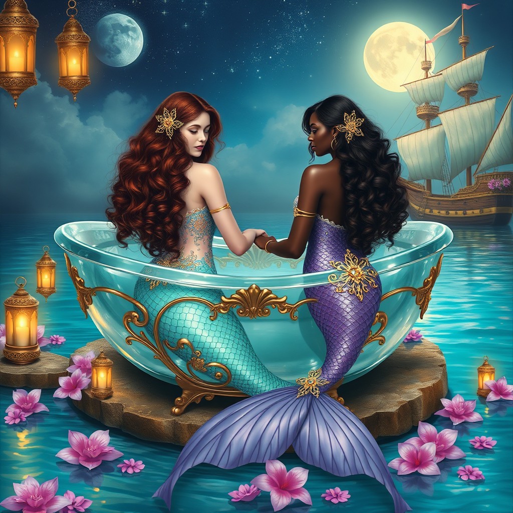 A captivating painting featuring two beautiful adult mermaids, both with very long, curly mahogany brown hair