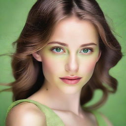 A feminine woman with delicate features, light brunette hair, and captivating light green eyes.