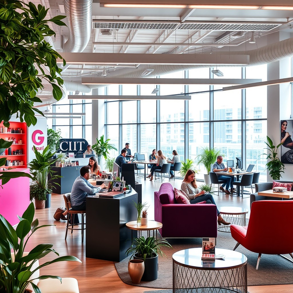 A modern cosmetics company office featuring an open-concept design with sleek furniture, vibrant colors, and natural light streaming through large windows