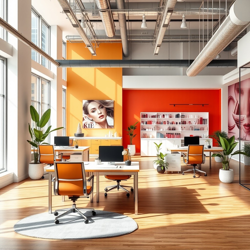 A modern cosmetics company office designed within a 98 square meter space, featuring sleek and stylish furnishings