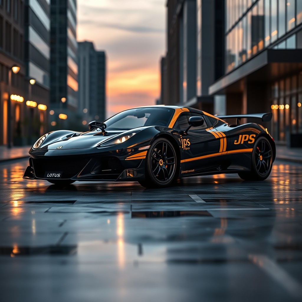 A stunning Lotus Emeya sports car painted in the iconic JPS (John Player Special) black and gold color scheme, showcasing its sleek and aerodynamic design