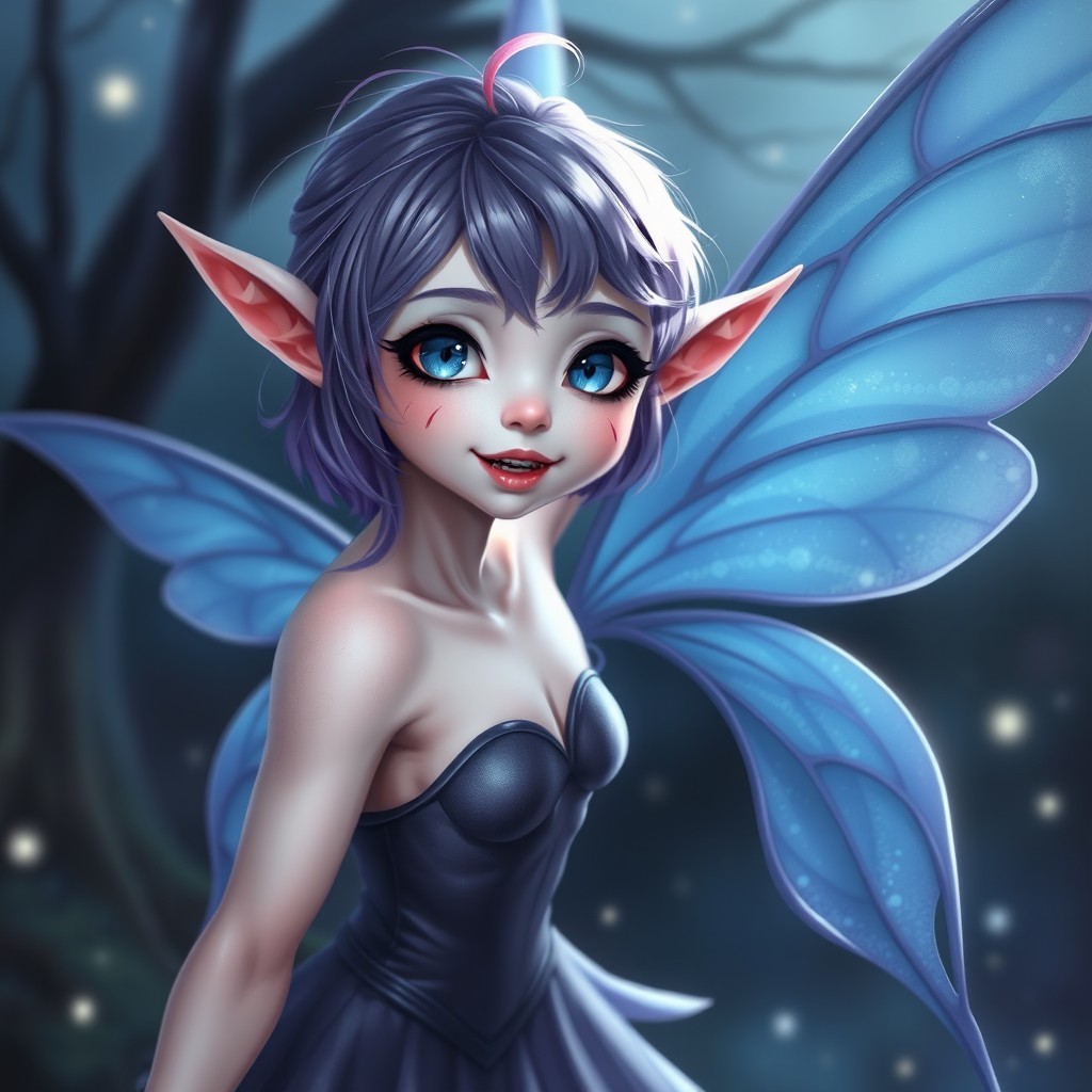 A beautiful dhampir fairy in the Twilight domain, featuring a fragile build and pointed ears