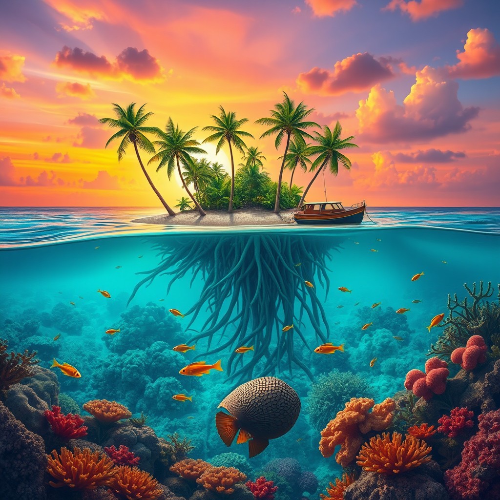 A surreal illustration of a tropical island partially submerged in crystal-clear ocean waters due to rising sea levels, depicting palm trees and lush vegetation with their roots exposed above the water
