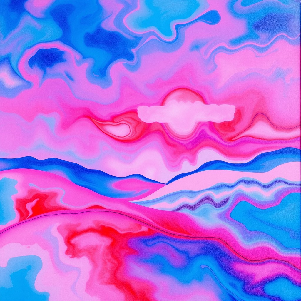 An abstract landscape featuring a vibrant mix of blue, pink, violet, and red hues