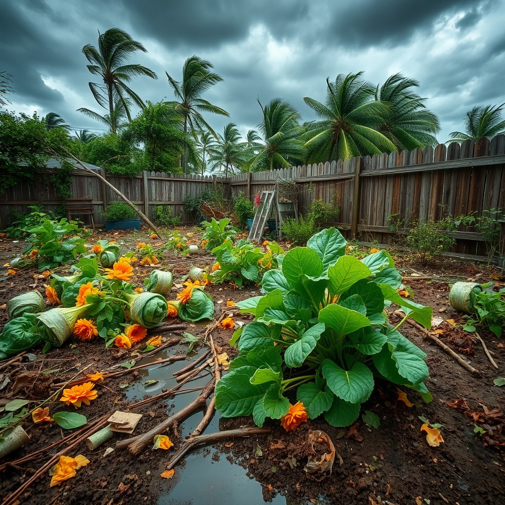 A devastated garden scene after a heavy rainstorm and strong winds, showcasing trampled flowers, broken branches, and flooded patches of soil