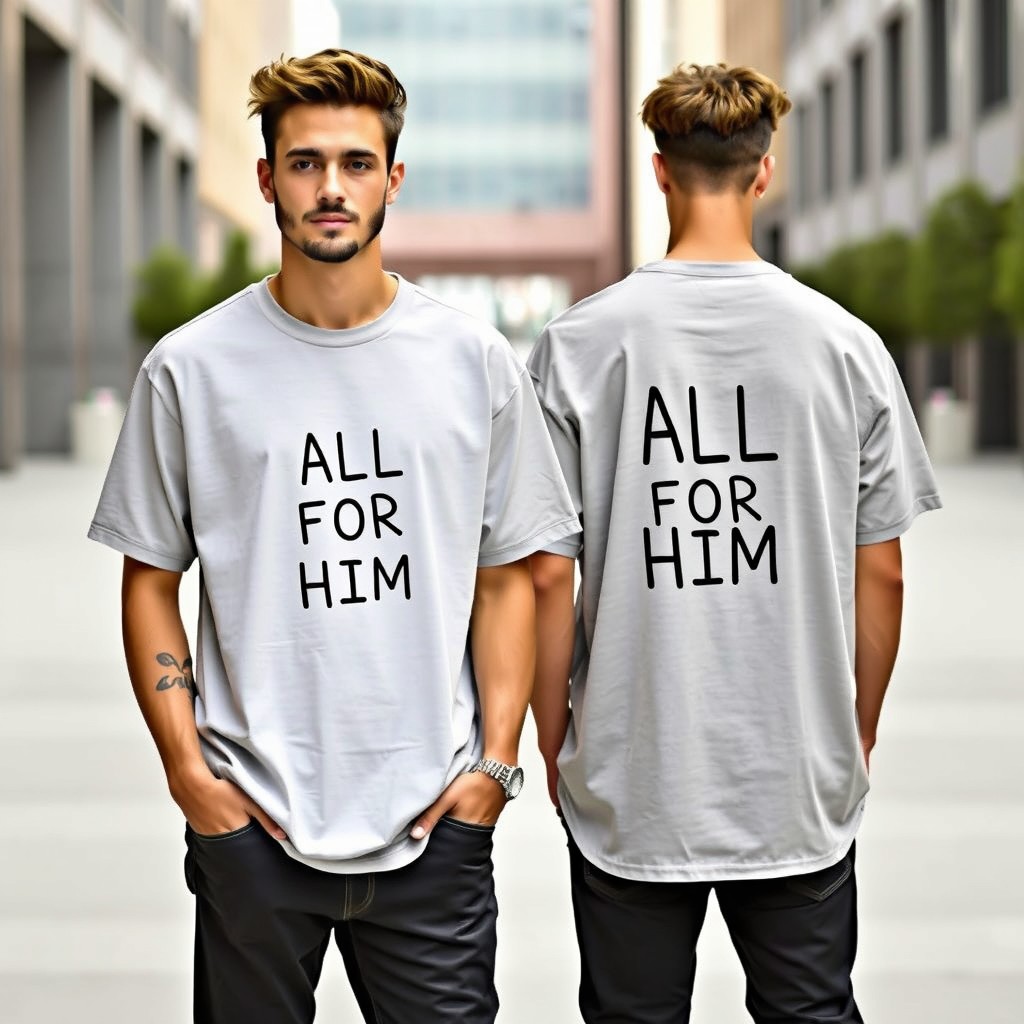 A stylish model wearing an oversized shirt from a Christian brand