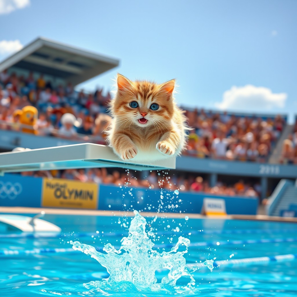 A cute, playful cat with fluffy fur jumping off an Olympic diving board into a sparkling blue swimming pool