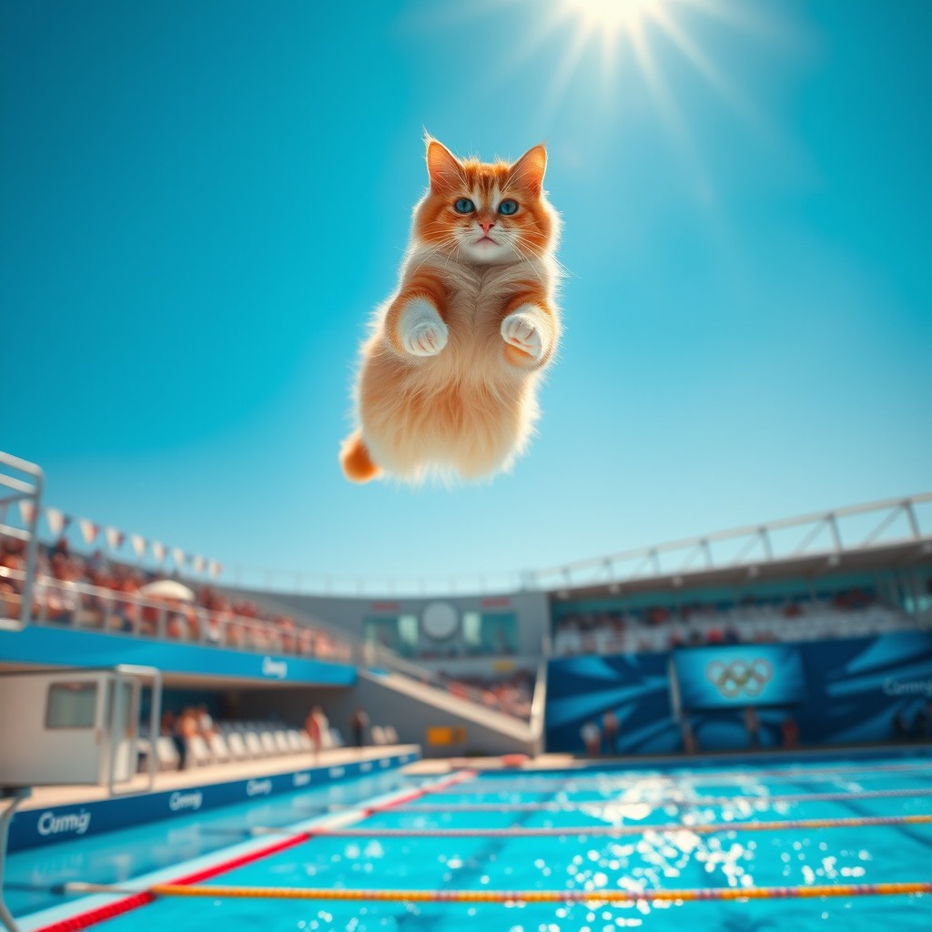 A playful cat leaping off an Olympic diving board, captured in mid-air with a dynamic pose, showcasing its agility and excitement