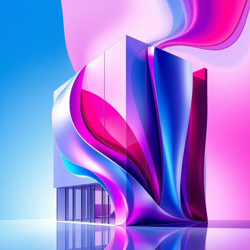 An abstract representation of a building, featuring a harmonious blend of colors including blue, pink, purple, and red