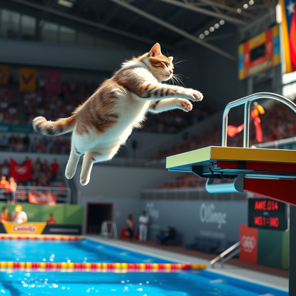 A talented cat competing in an Olympic diving competition, soaring off a high Olympic diving board in an elegant leap