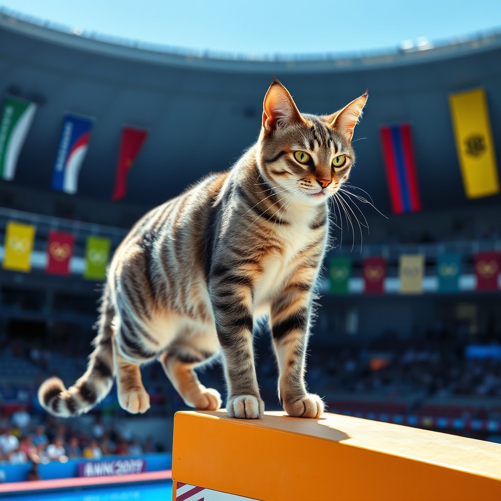 A focused cat preparing to dive off an Olympic diving board at a diving competition