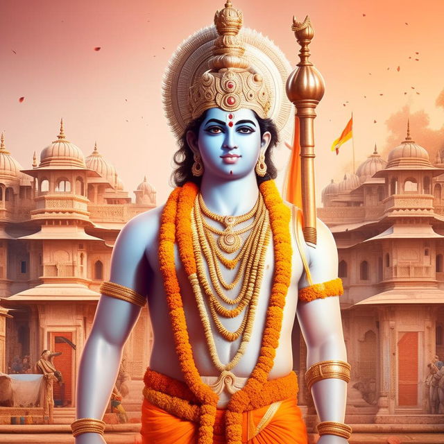 An artistically styled image of Lord Ram, clad in regal attire, standing majestically in the historical setting of Ayodhya with ancient architecture serving as backdrop.