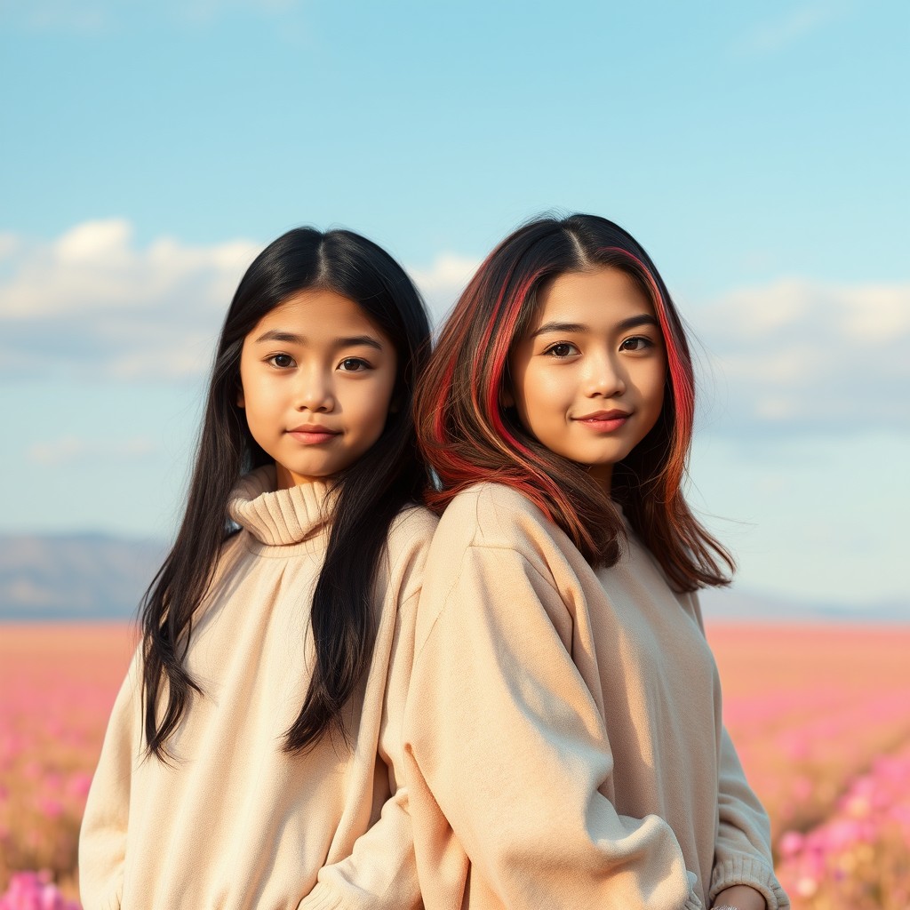 Milana and Amina, two childhood friends, with a bright and gentle background that reflects their contrasting personalities, representing the merging of two souls