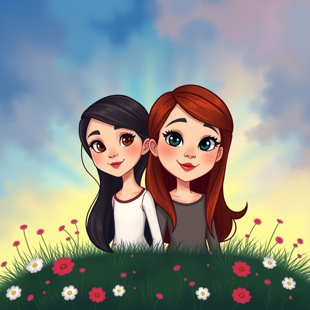 Cartoon-style representation of Milana and Amina, best friends since childhood, with them being minimally visible against a vibrant and soft background that reflects their contrasting personalities, at the age of 19
