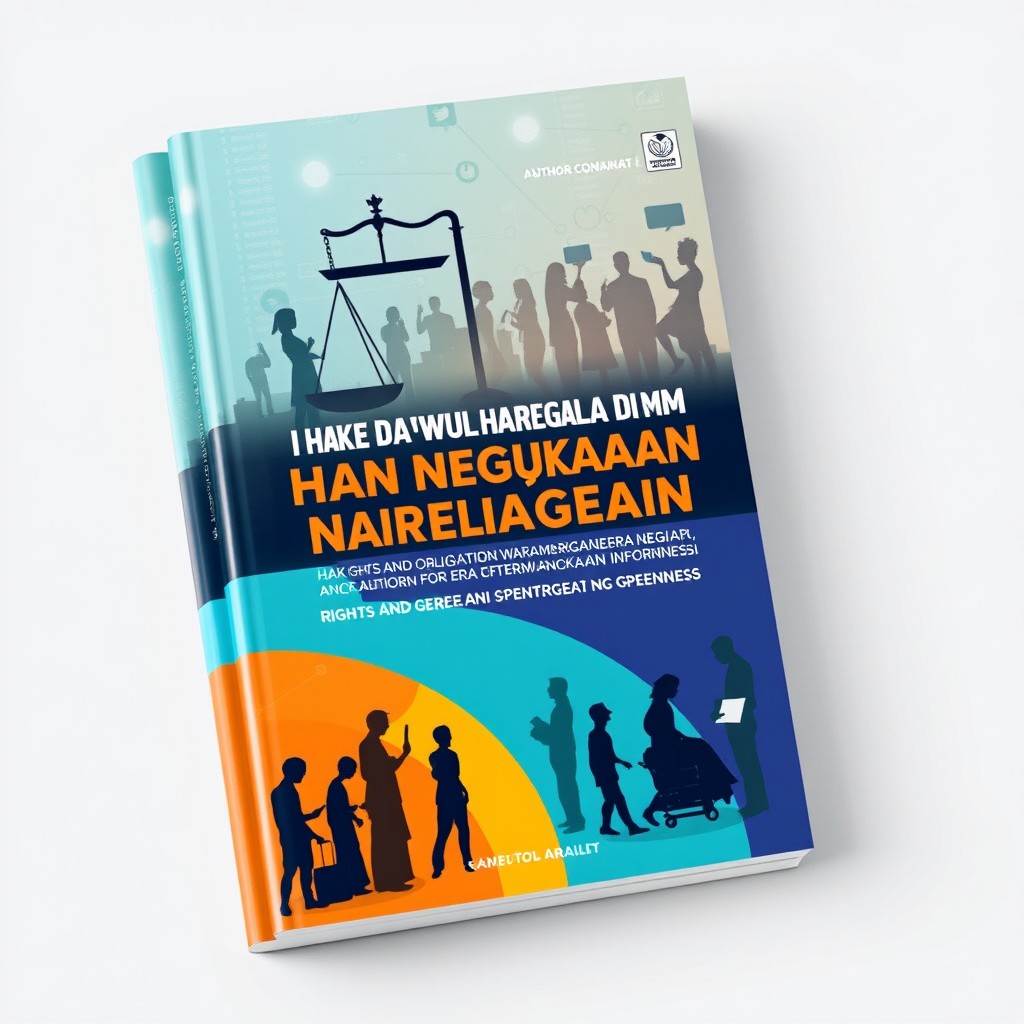 A creative book cover design for a book titled 'Hak dan Kewajiban Warga Negara dalam Era Keterbukaan Informasi' (Rights and Obligations of Citizens in the Era of Information Openness)