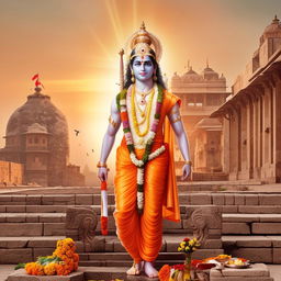 An artistically styled image of Lord Ram, clad in regal attire, standing majestically in the historical setting of Ayodhya with ancient architecture serving as backdrop.