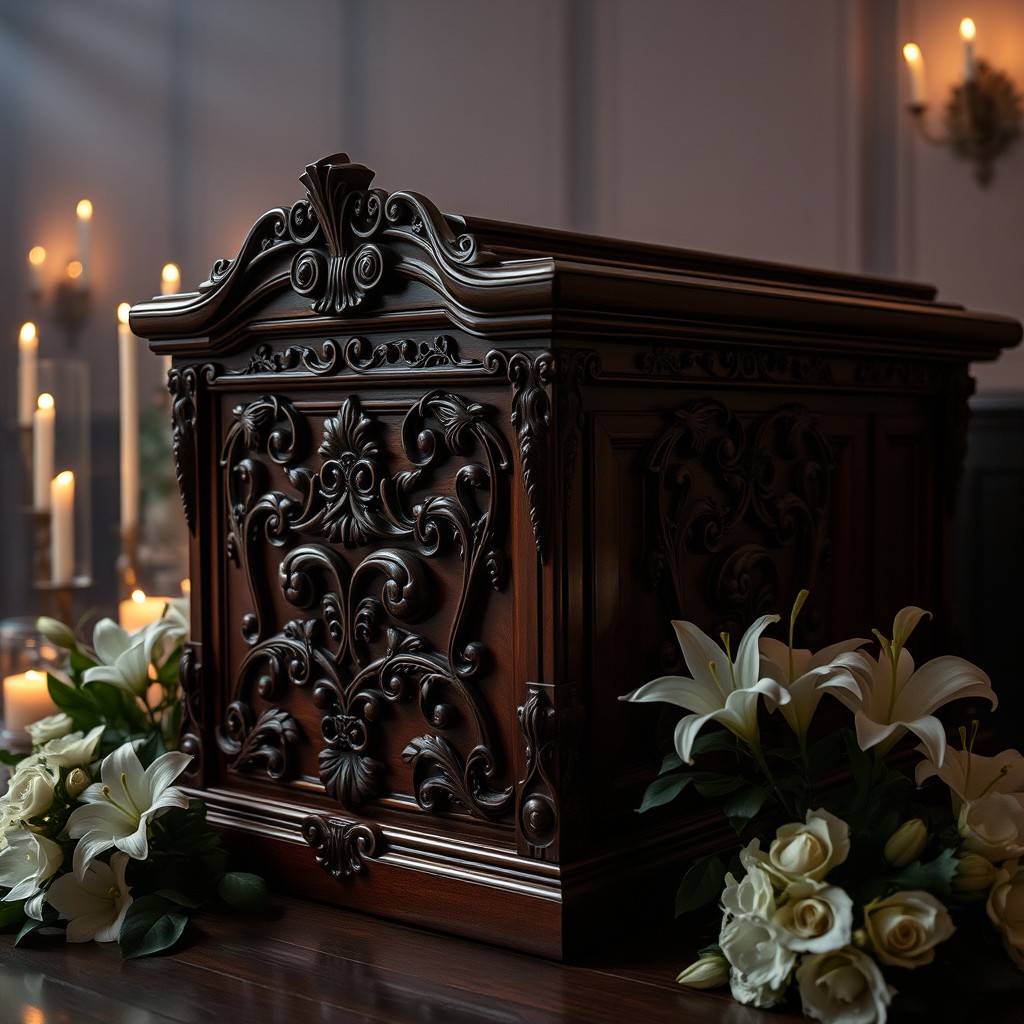A beautifully crafted, ornate coffin made of rich mahogany wood, intricately carved with floral patterns and vines