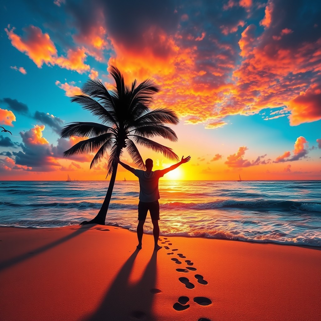 A breathtaking travel scene showcasing a vibrant sunset over a serene beach, with colorful clouds reflecting in the ocean waves