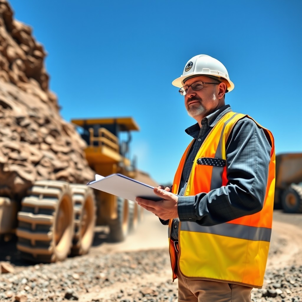 A mining consultant standing confidently on a mining site in central Queensland, dressed in a hard hat and safety gear, holding a clipboard