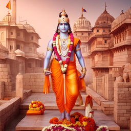 An artistically styled image of Lord Ram, clad in regal attire, standing majestically in the historical setting of Ayodhya with ancient architecture serving as backdrop.