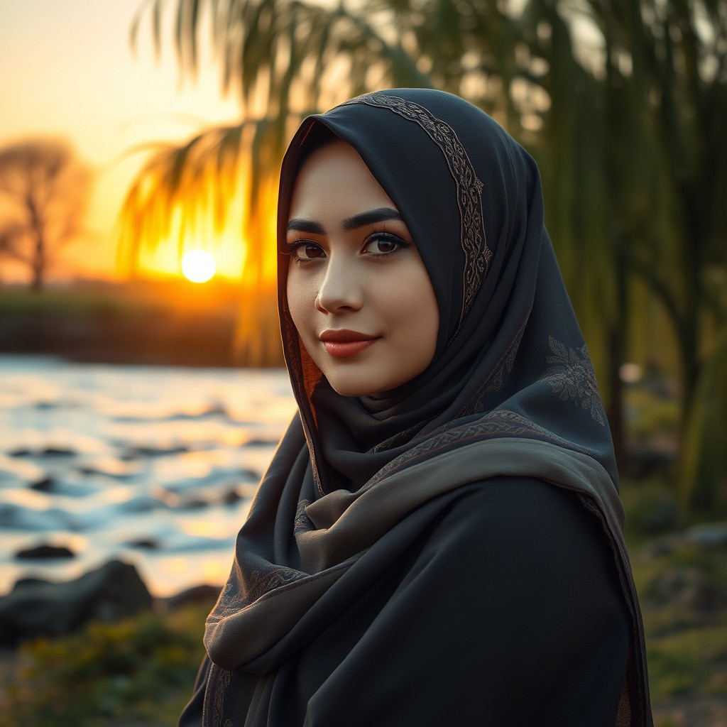 A beautiful woman wearing an elegantly styled hijab, surrounded by a serene natural landscape during golden hour
