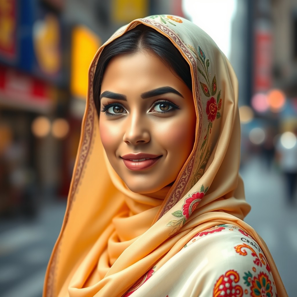 A stunning portrait of a woman wearing a beautifully designed hijab, showcasing intricate embroidery and vibrant colors