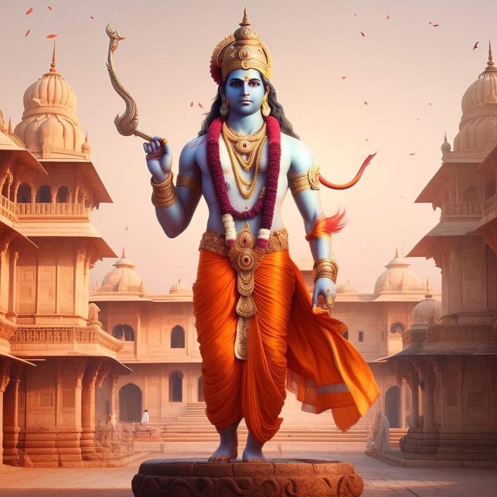 An artistically styled image of Lord Ram, clad in regal attire, standing majestically in the historical setting of Ayodhya with ancient architecture serving as backdrop.