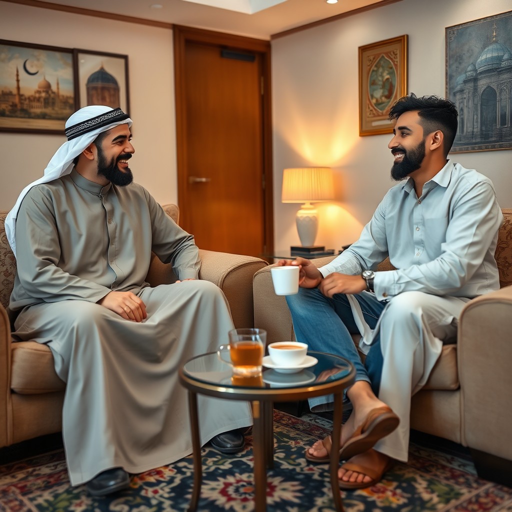Two Muslim brothers engaged in a conversation, sitting comfortably in a cozy living room