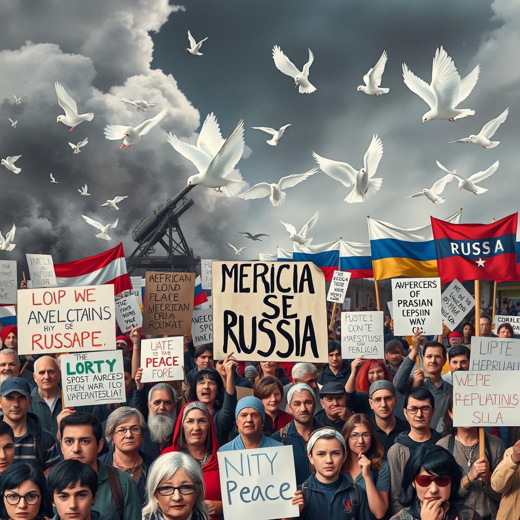 A powerful anti-war protest scene illustrating dissent against American policies toward Russia, featuring activists holding various banners and placards that express messages of peace and unity