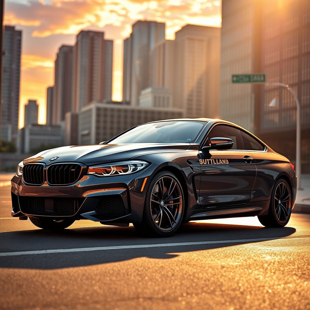 A sleek and powerful BMW sports car parked on a city street at sunset