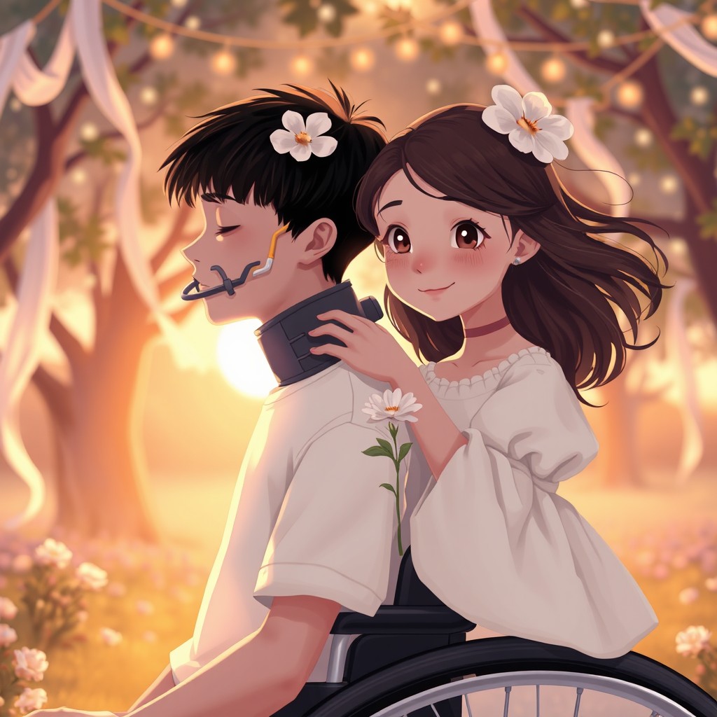 A serene teenage boy named Gabriel in a wheelchair with a neck support that subtly shows his tracheostomy, gazing blankly into the distance with a peaceful expression