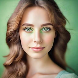 A beautiful, feminine woman with light brunette hair, enchanting light green eyes, and a cute button nose.