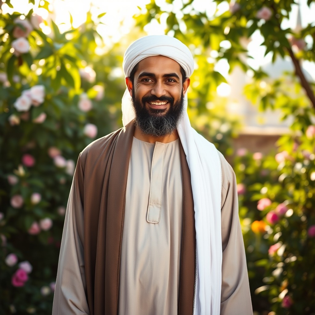 A portrait of a righteous Muslim man, dressed in traditional attire, featuring a long flowing thobe, a white kufi cap, and a warm, inviting smile