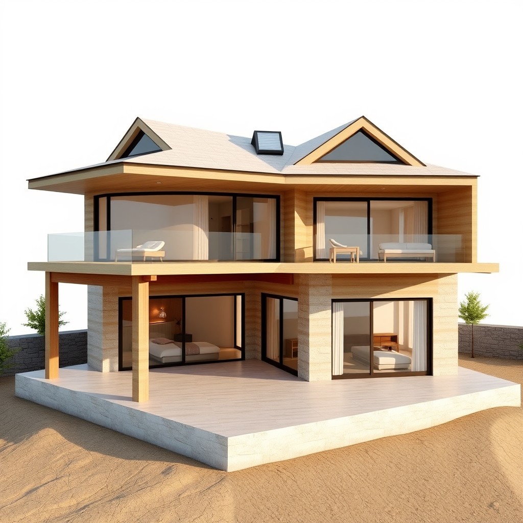 A detailed visualization of a modern two-story house with an attic