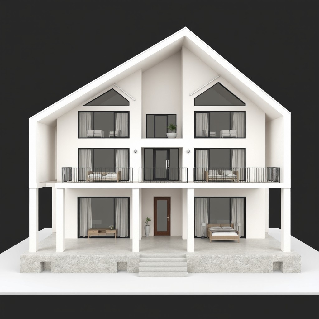 A detailed visualization of a modern two-story house with an attic