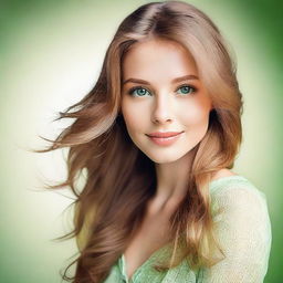 A beautiful, feminine woman with light brunette hair, enchanting light green eyes, and a cute button nose.