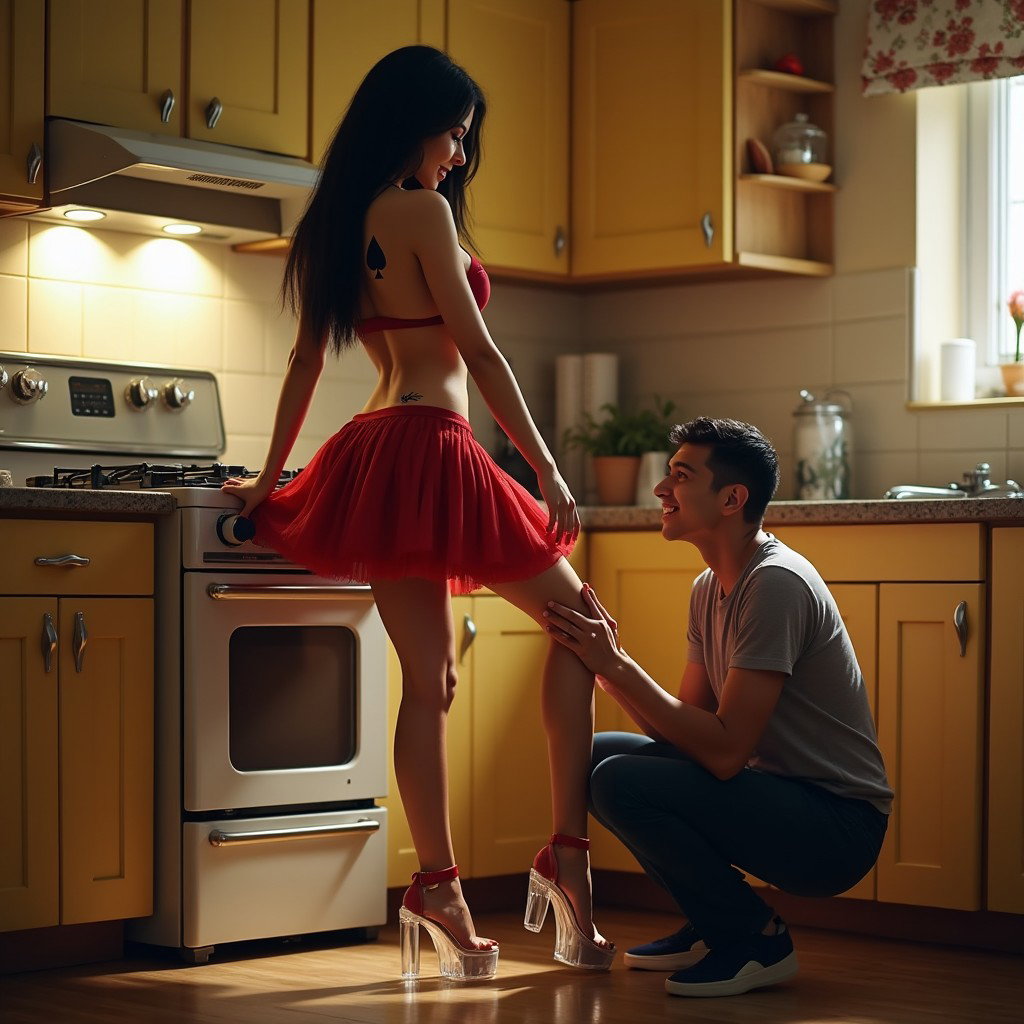 A provocative scene depicting a Mexican woman with clear skin, wide hips, and a curvy physique