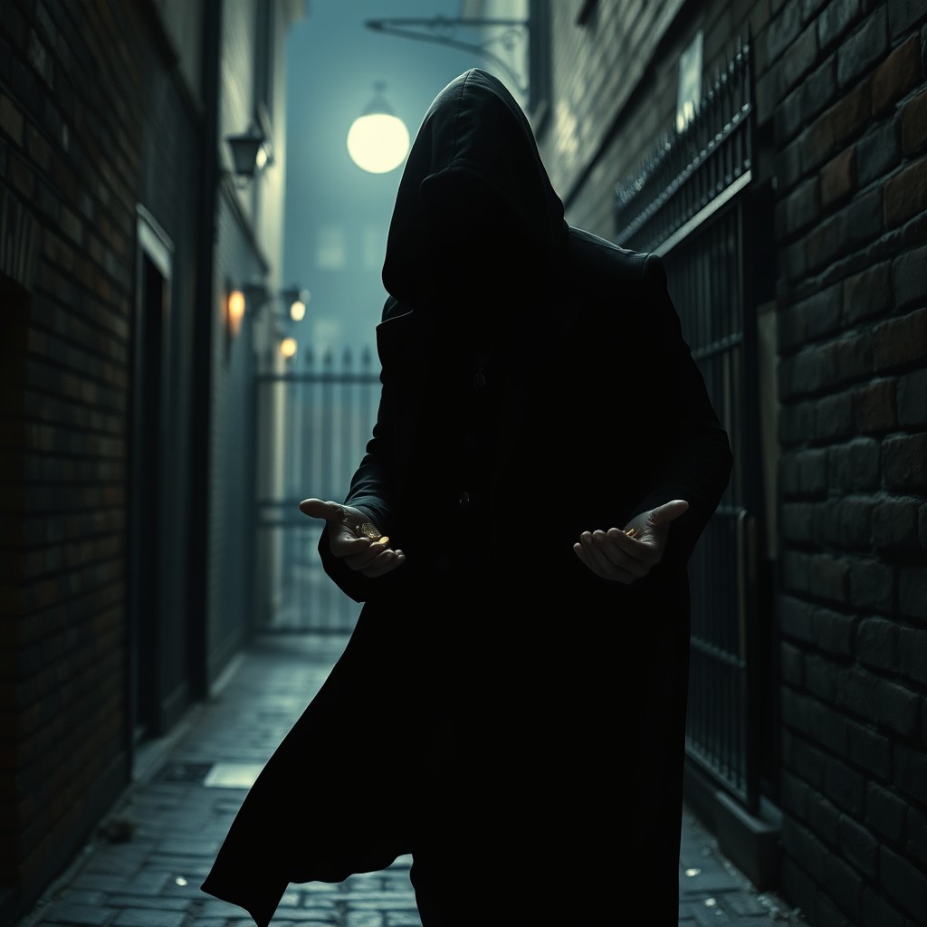 A shadowy figure dressed in sleek, dark attire, embodying the essence of a stealthy thief