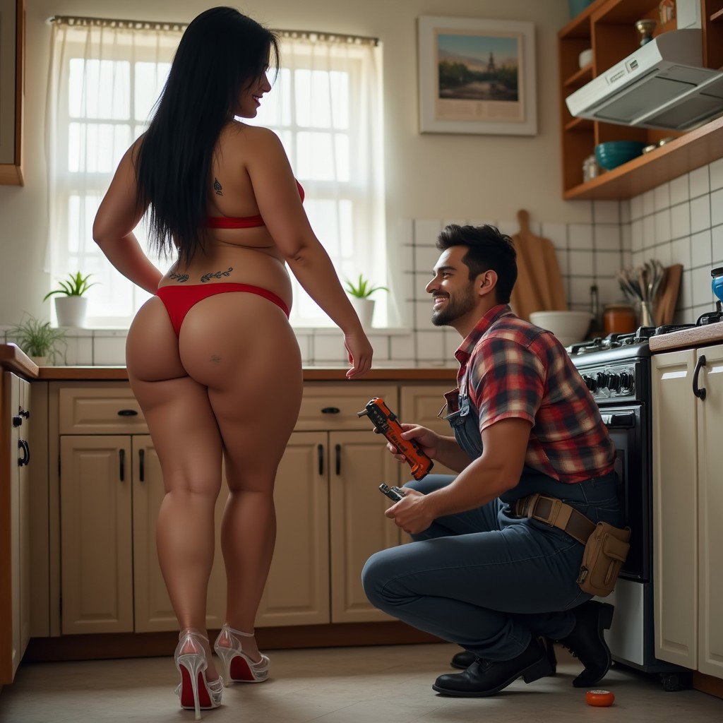 A bold and dynamic scene featuring a clear-skinned Mexican woman with wide hips and a curvy, voluptuous figure