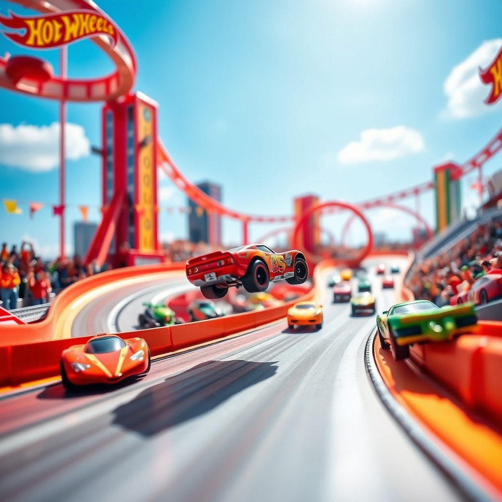 A dynamic scene featuring an array of colorful Hot Wheels cars racing around a vibrant track filled with loops and jumps
