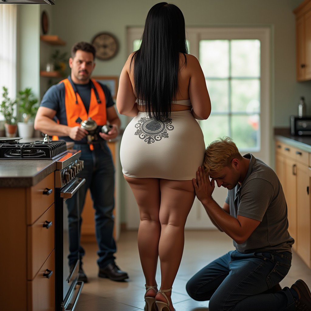 An eye-catching scene featuring a Mexican woman with light skin, very wide hips, and a curvy figure, showcasing her thick legs and very long, straight black hair