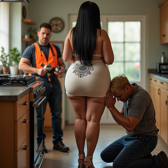 An eye-catching scene featuring a Mexican woman with light skin, very wide hips, and a curvy figure, showcasing her thick legs and very long, straight black hair