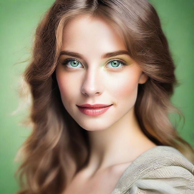 A beautiful, feminine woman with light brunette hair, enchanting light green eyes, and a cute button nose.