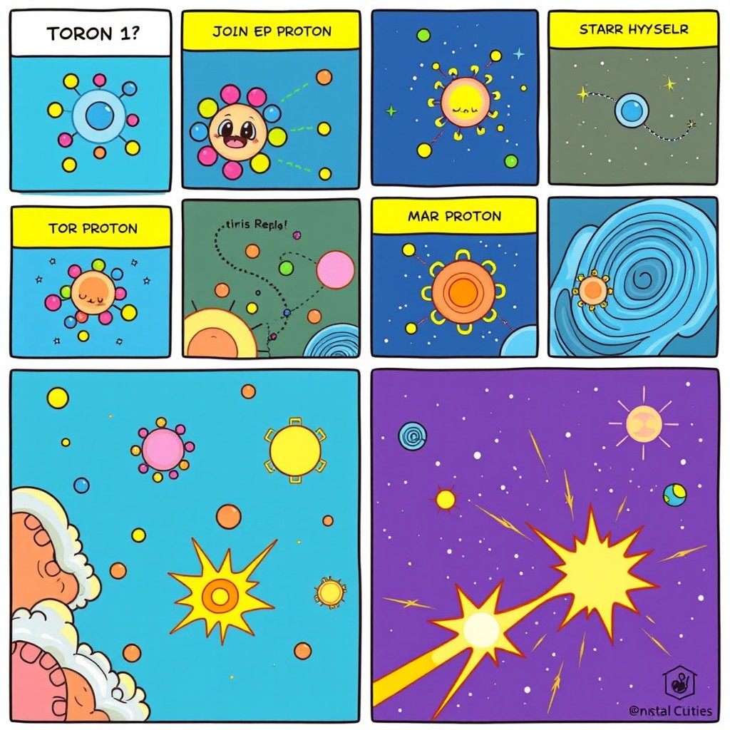 A vibrant and whimsical comic strip illustrating the adventure of a proton as it travels from being a part of an atom to becoming a star