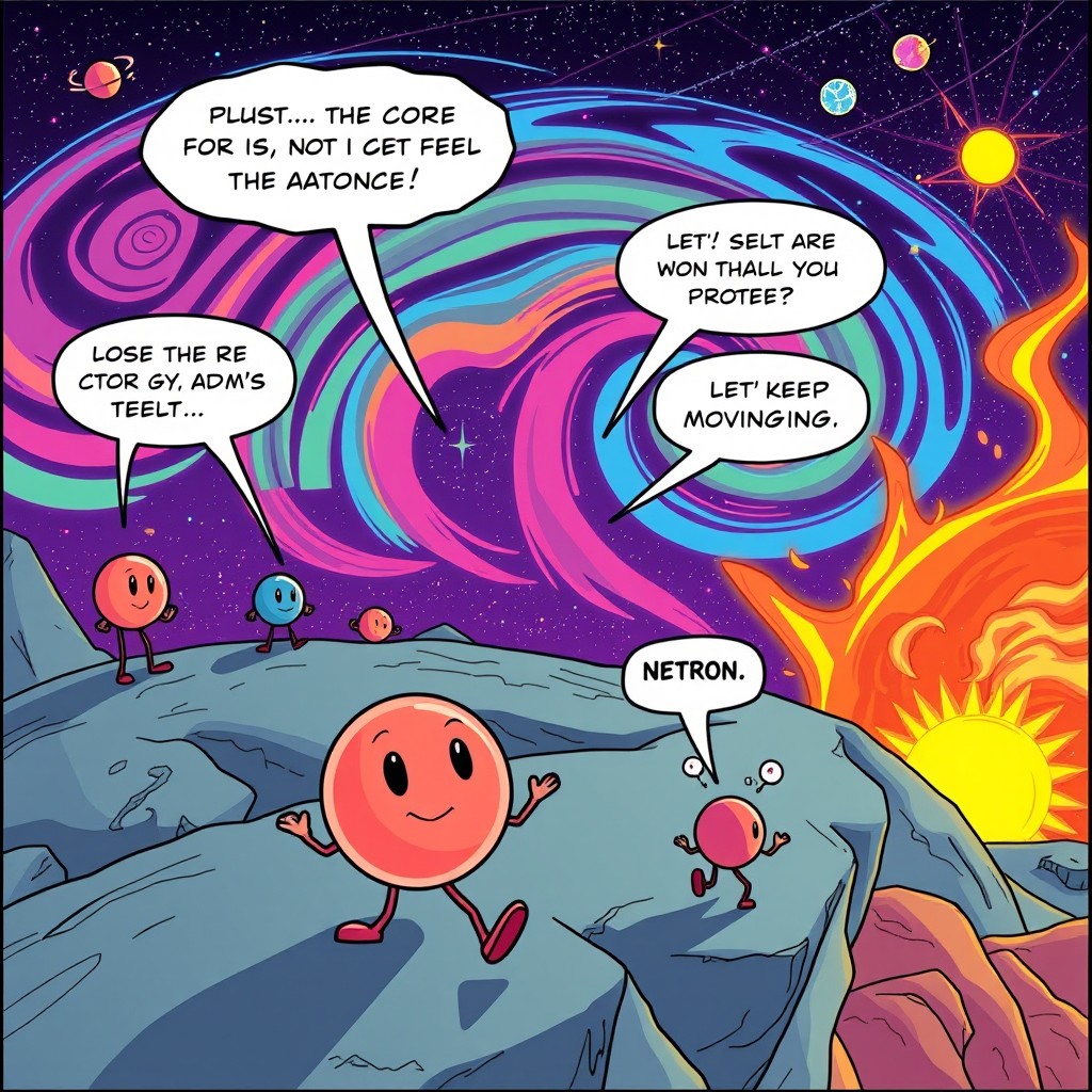 An adventurous comic scene featuring a proton as the main character, depicted as a friendly, cartoonish figure, embarking on a journey from the core of an atom, traveling through colorful quantum landscapes, and eventually making its way to the fiery surface of a star