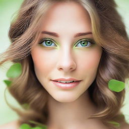 A beautiful, feminine woman with light brunette hair, enchanting light green eyes, and a cute button nose.