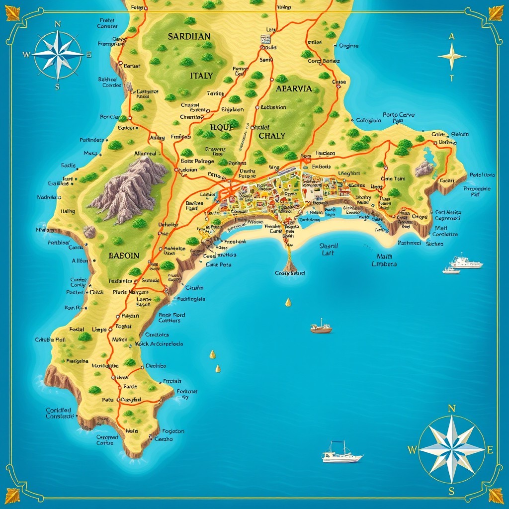 A detailed and colorful map of the northern coast of Sardinia, Italy, showcasing its stunning beaches, rocky cliffs, and picturesque towns