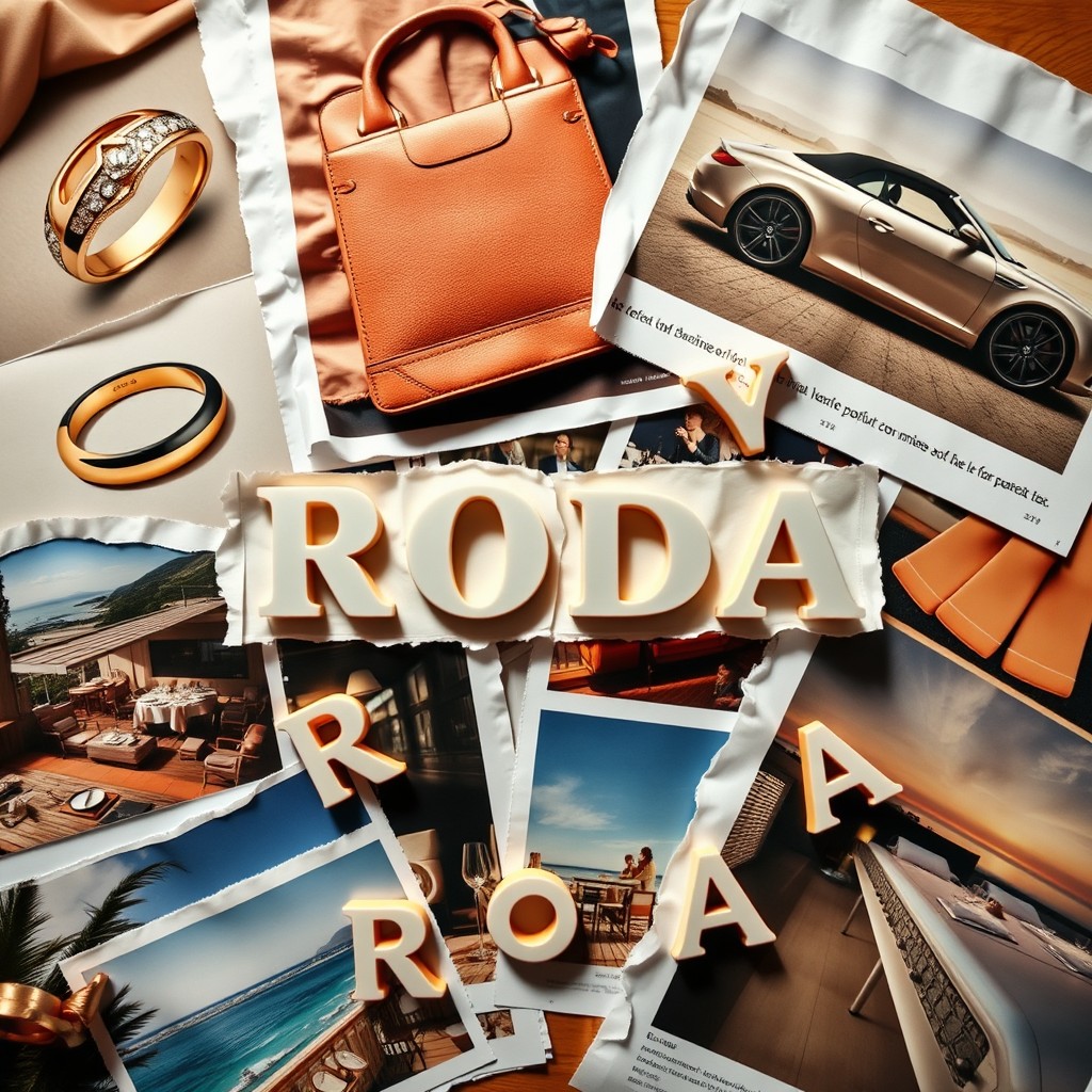 A stylish flat lay collage featuring torn-out magazine pieces showcasing luxury lifestyle elements