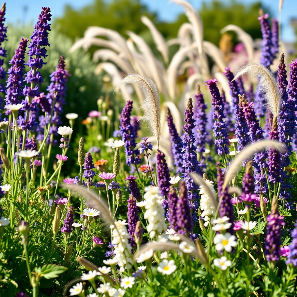 A beautiful garden scene filled with vibrant perennials including Perovskia (Russian sage), Salvia, Verbena bonariensis, lavender, Stipa (feather grass), and white Gaura